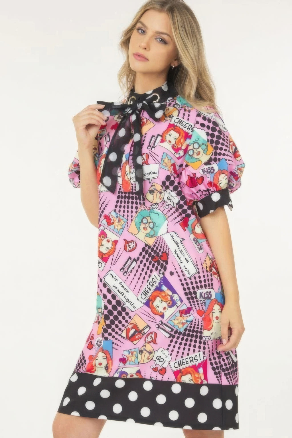 Printed Polka Dot Trim Midi Dress -