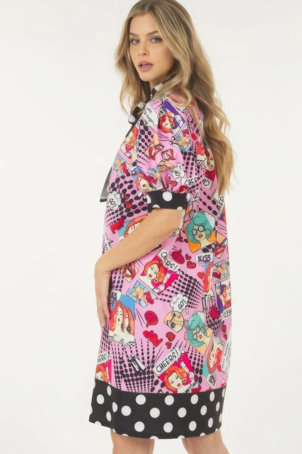 Printed Polka Dot Trim Midi Dress -