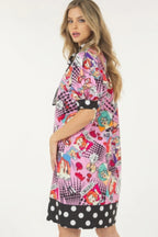 Printed Polka Dot Trim Midi Dress -
