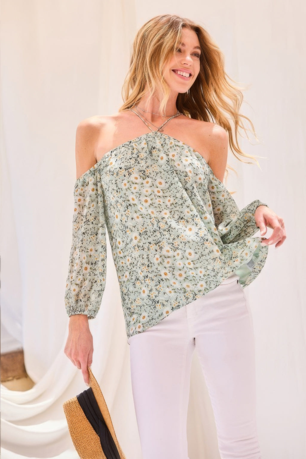 Halter Balloon Sleeve Floral Blouse - Sea Foam
