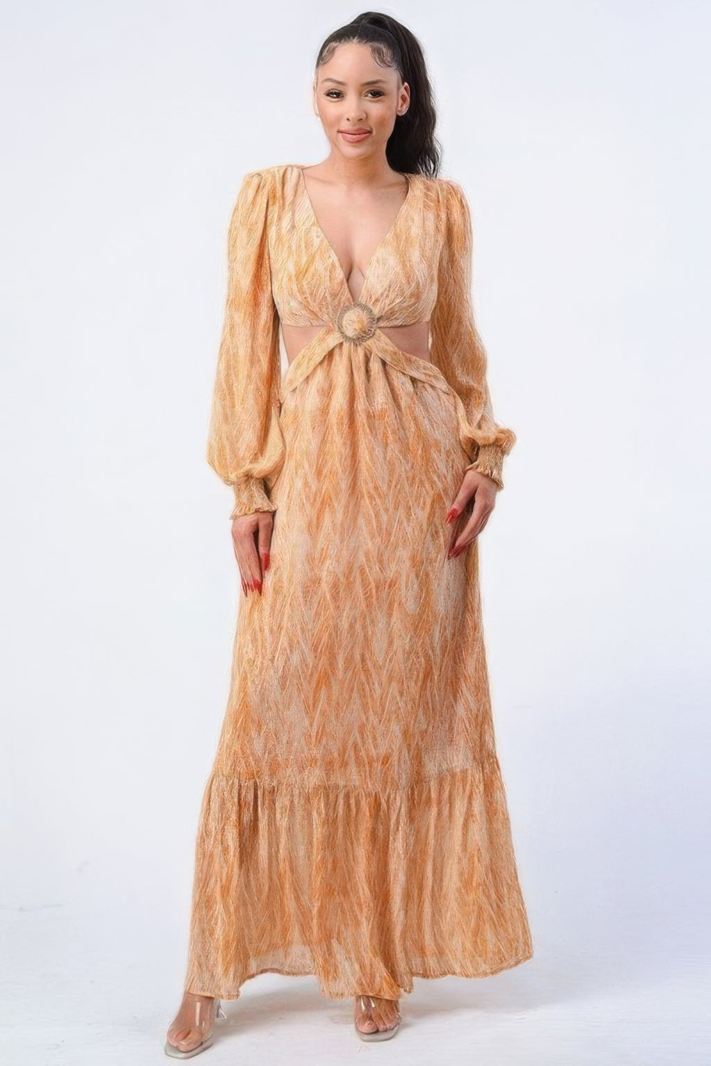 Printed Cutout Self Belted Maxi Dress - Yellow