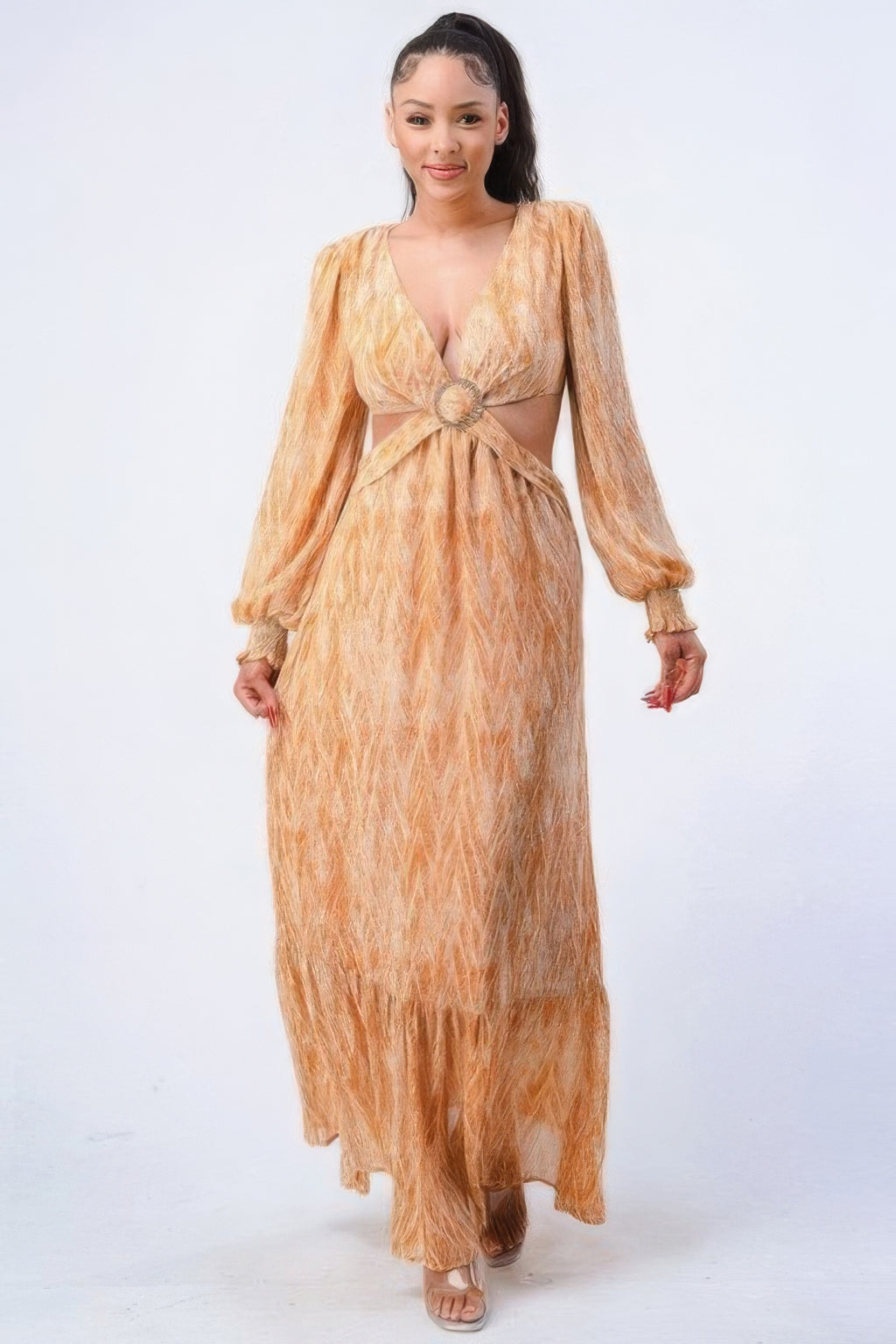Printed Cutout Self Belted Maxi Dress -