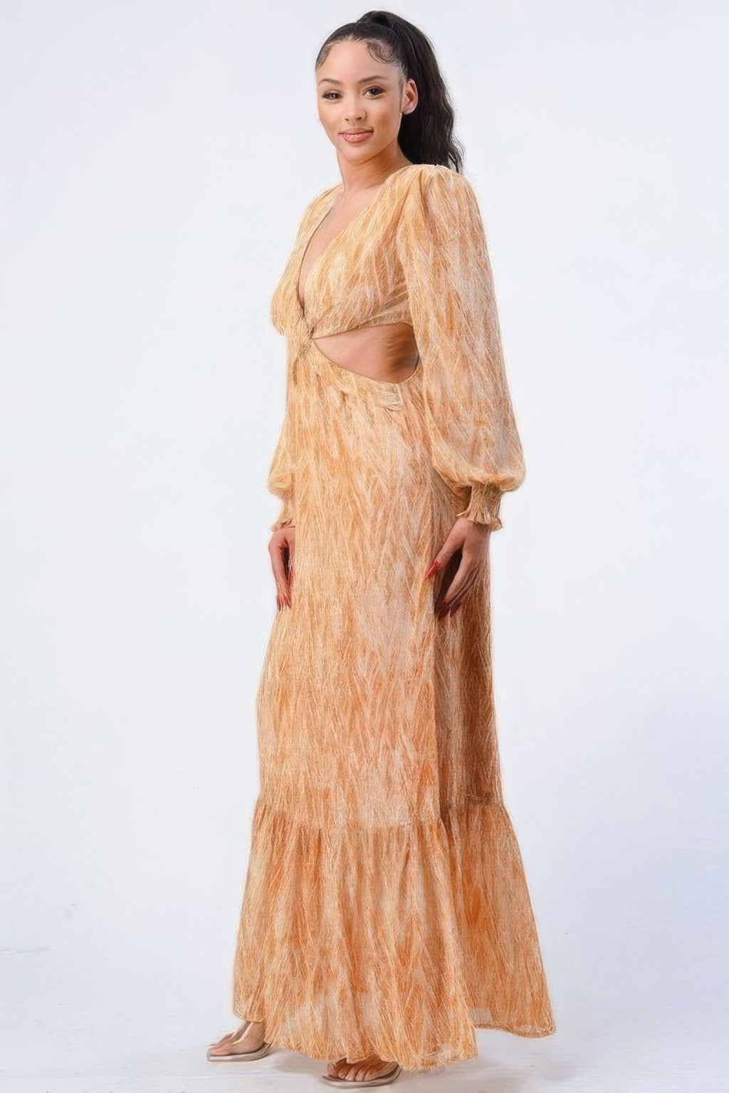 Printed Cutout Self Belted Maxi Dress -