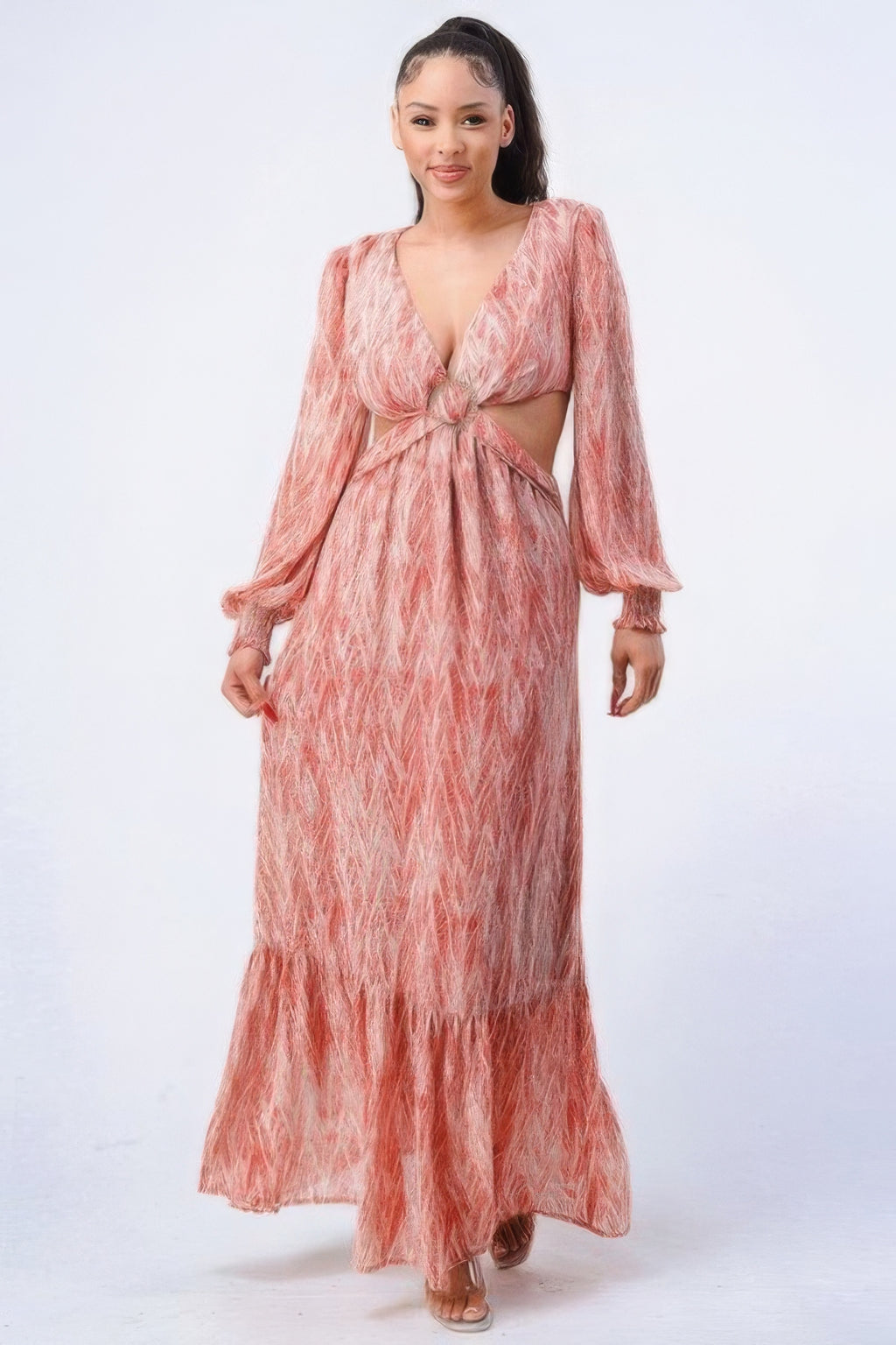 Printed Cutout Self Belted Maxi Dress - Terracotta