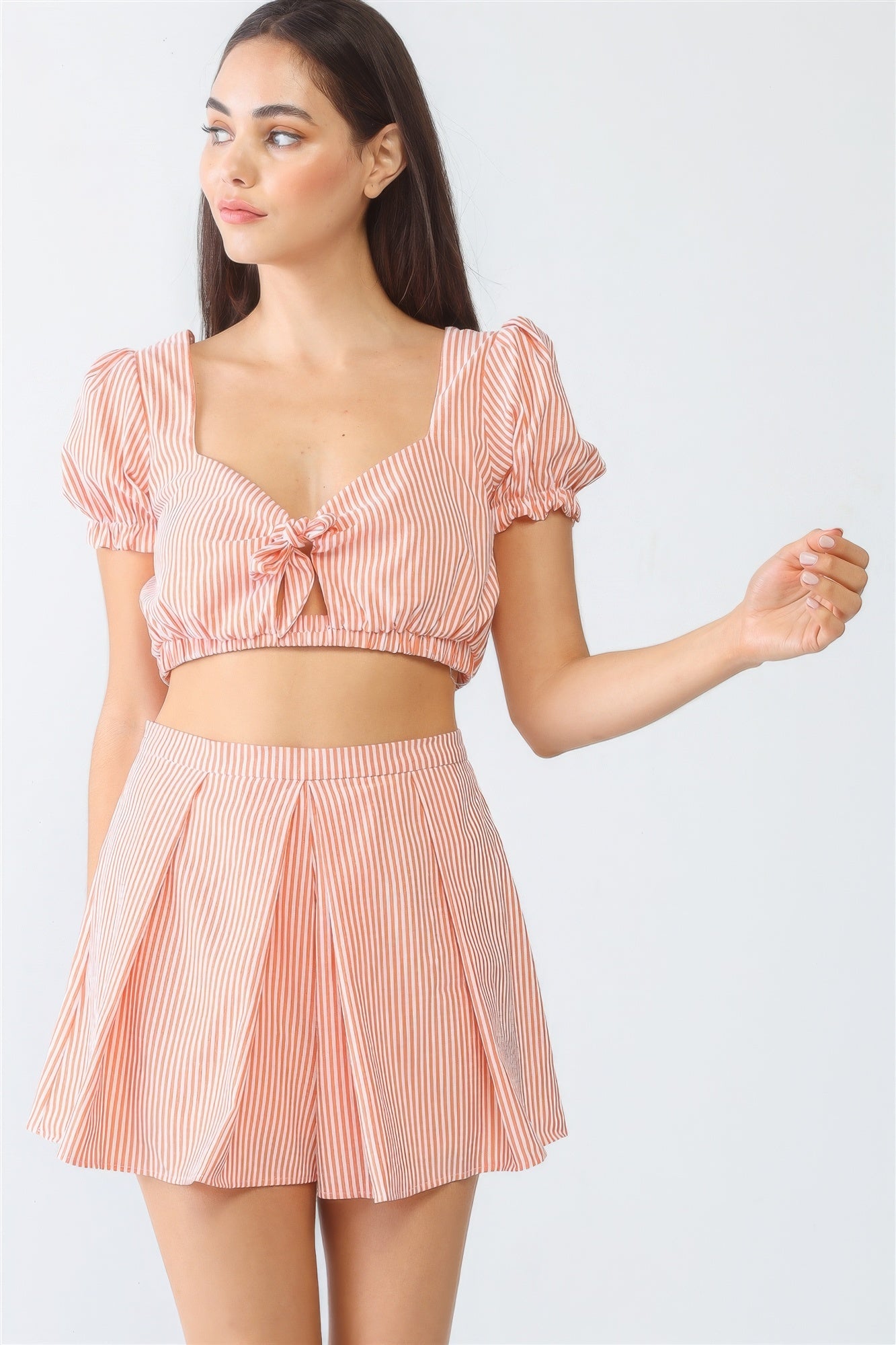 Striped Tie Front Shorts Set -