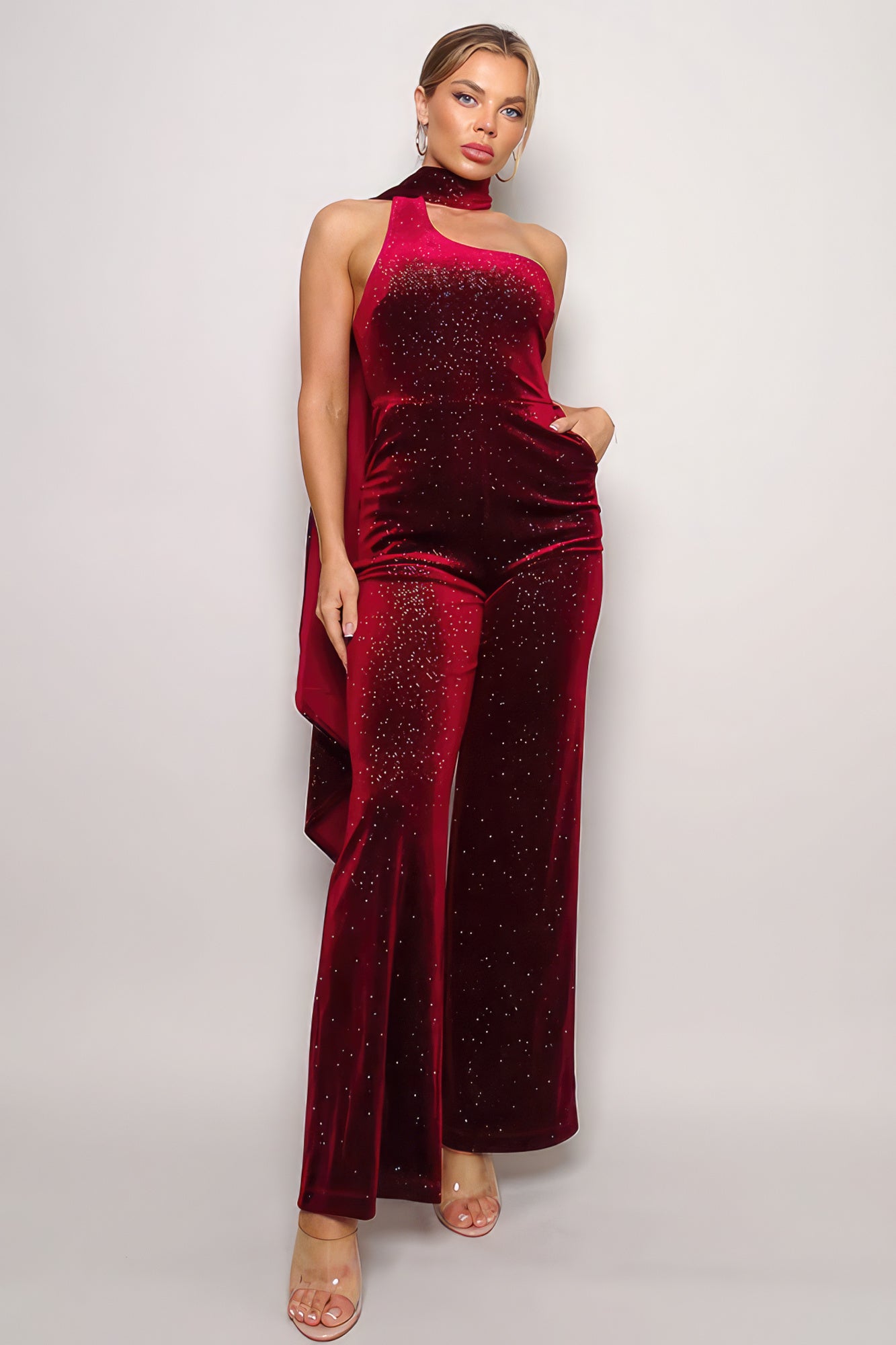 Glitter Halter Velvet Jumpsuit - Burgundy