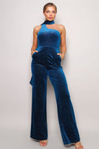 Glitter Halter Velvet Jumpsuit - Teal