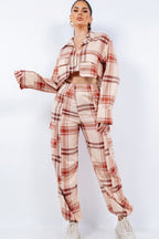 Plaid Cropped Shirt Cargo Set - Taupe