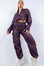 Plaid Cropped Shirt Cargo Set - Plum