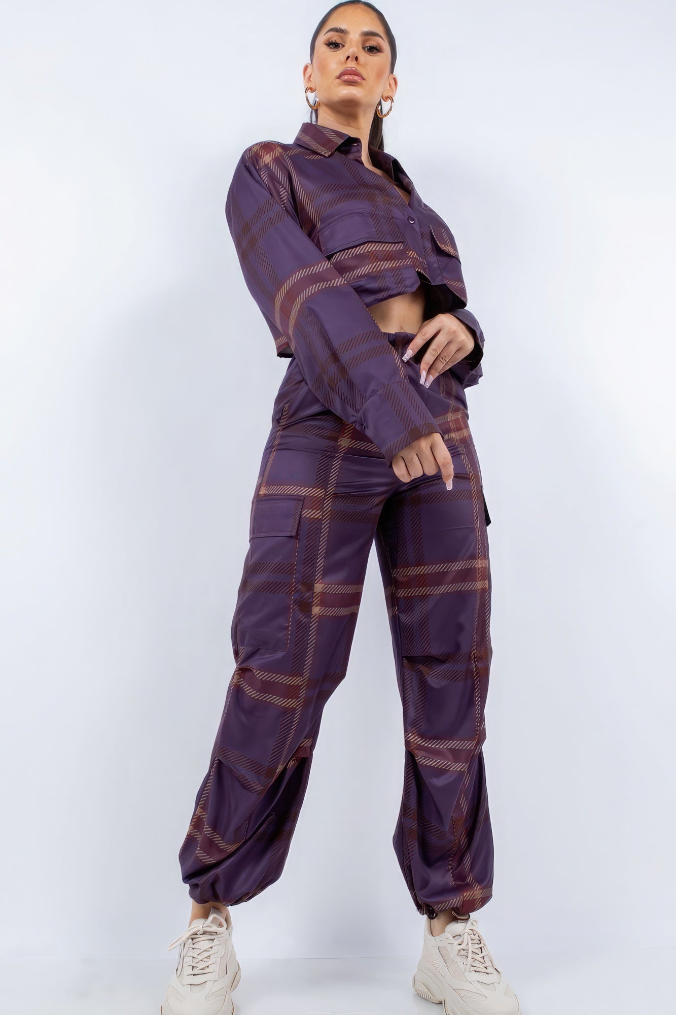 Plaid Cropped Shirt Cargo Set -
