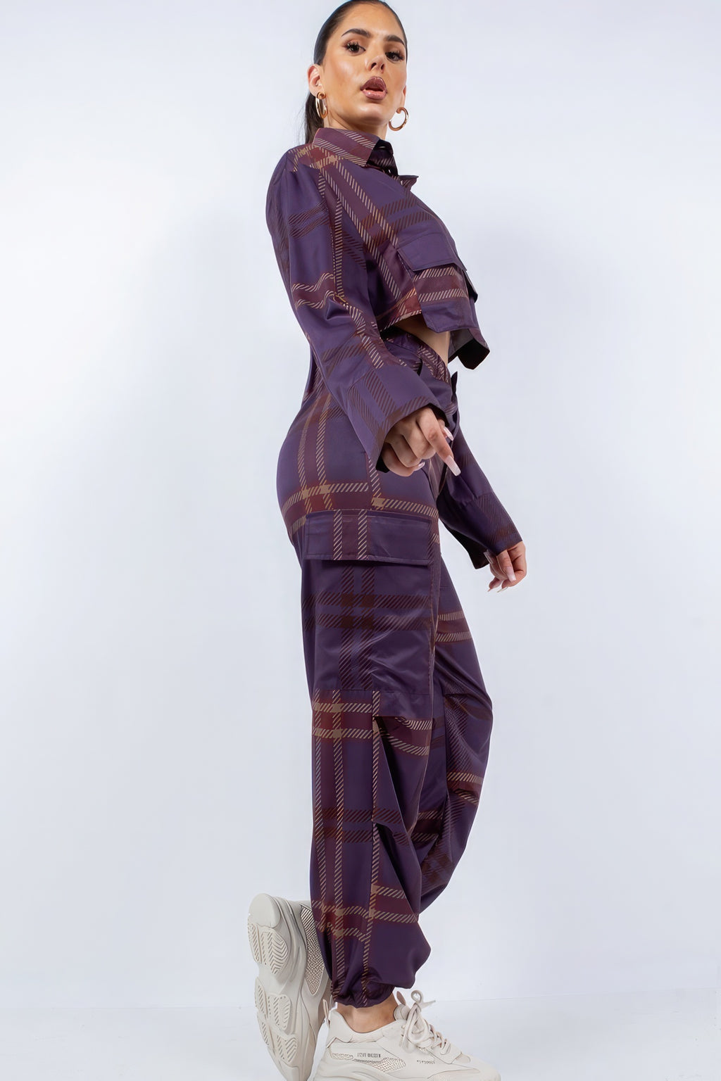 Plaid Cropped Shirt Cargo Set -
