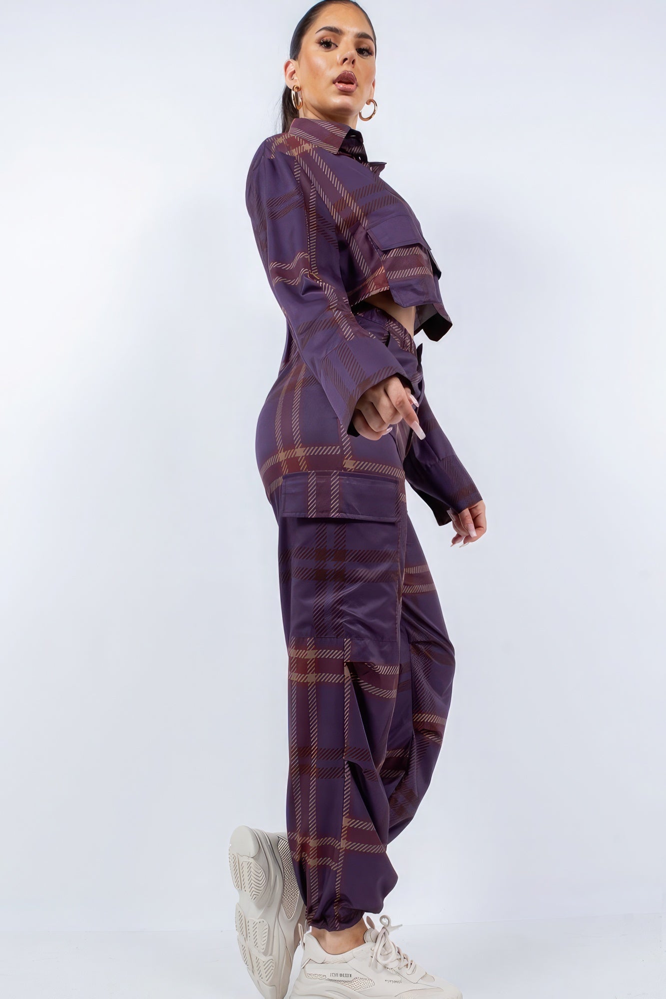 Plaid Cropped Shirt Cargo Set -