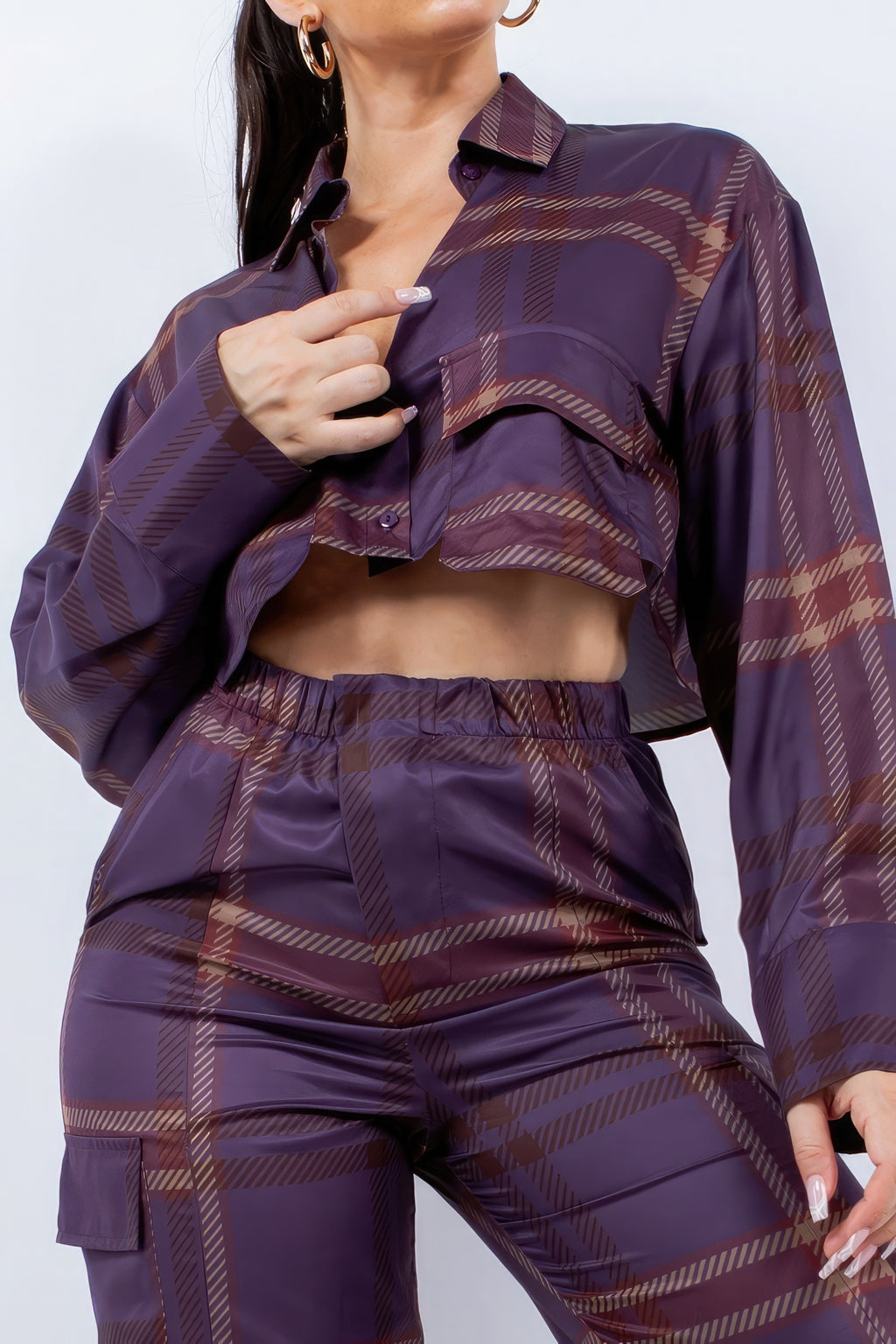 Plaid Cropped Shirt Cargo Set -