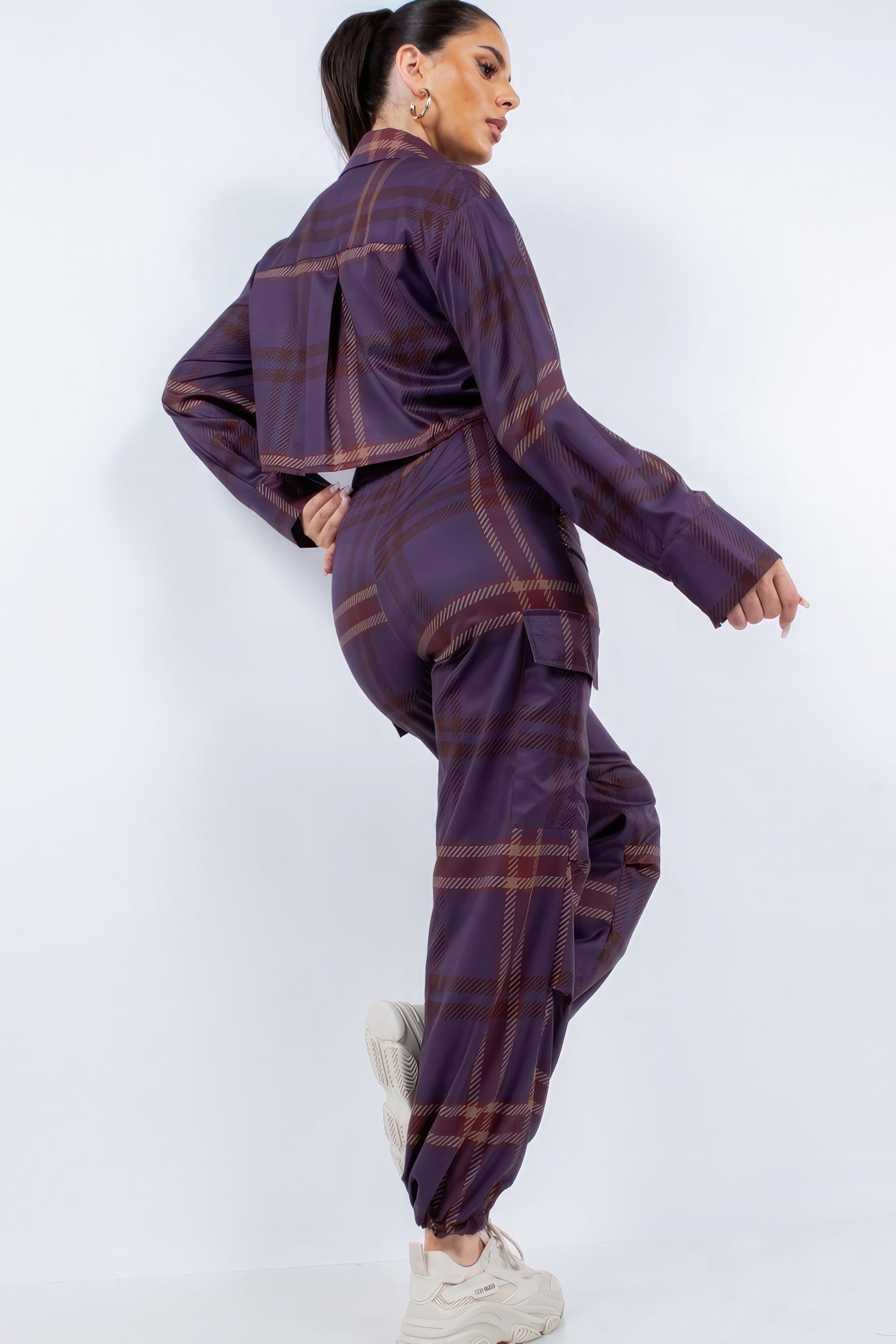 Plaid Cropped Shirt Cargo Set -