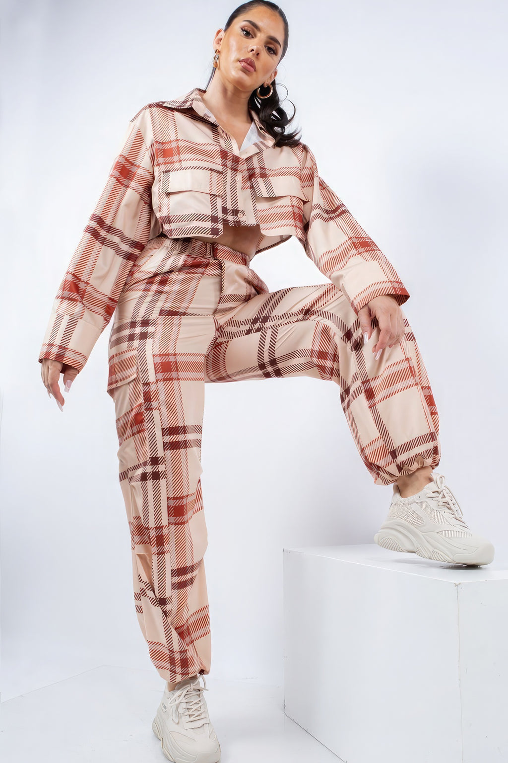 Plaid Cropped Shirt Cargo Set -