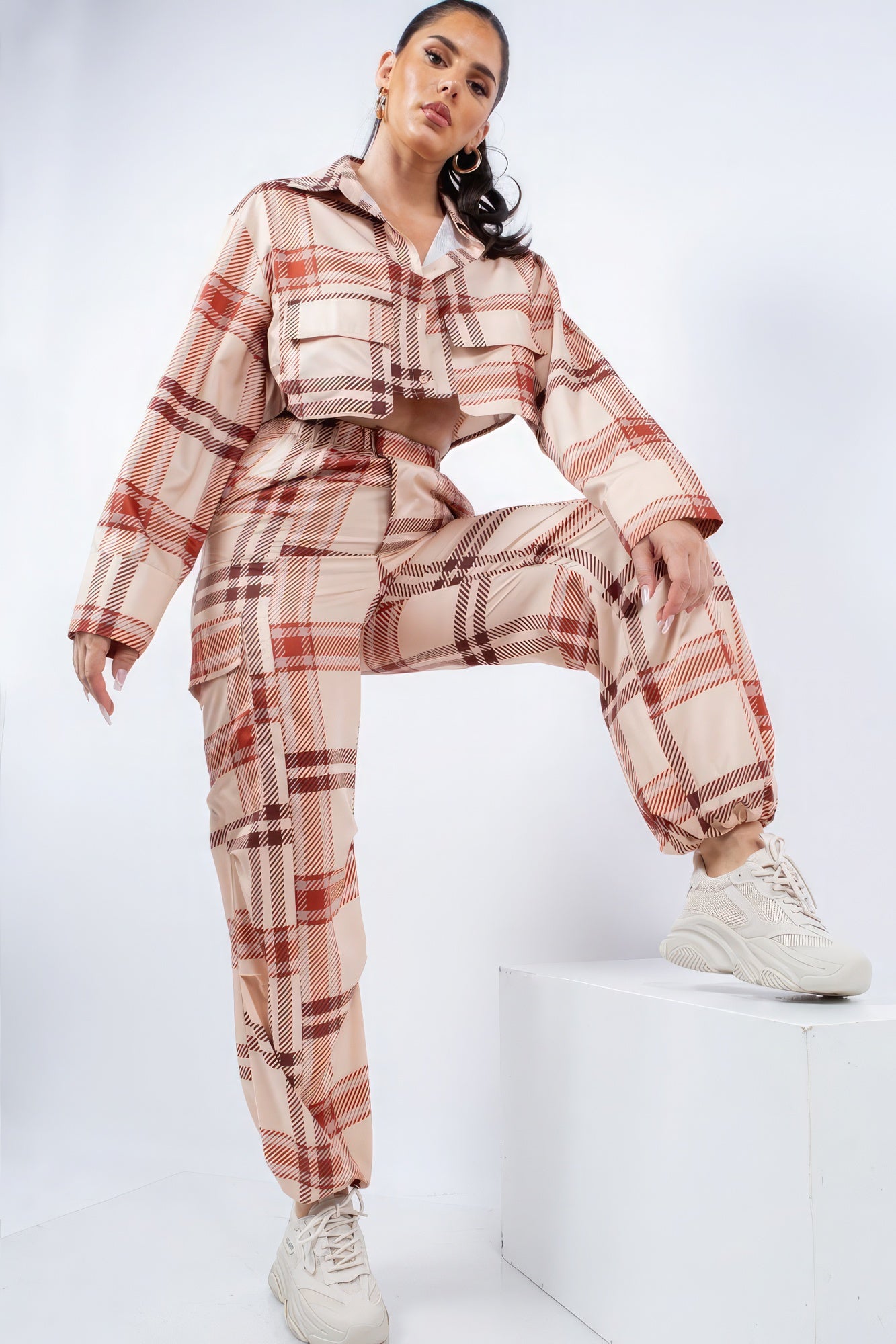 Plaid Cropped Shirt Cargo Set -