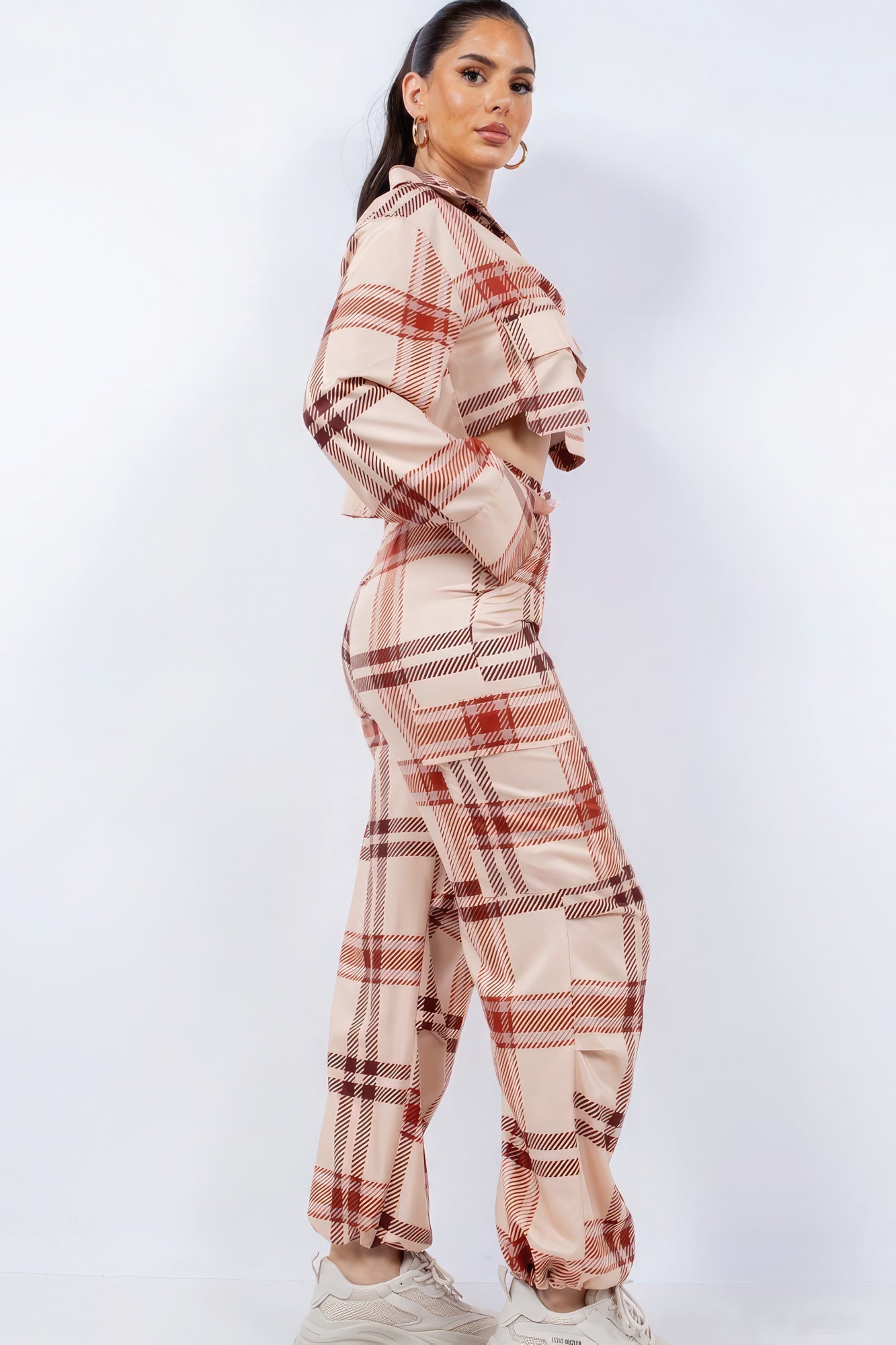 Plaid Cropped Shirt Cargo Set -