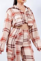 Plaid Cropped Shirt Cargo Set -