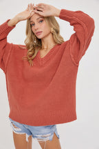 Marsala V Neck Oversized Sweater - M