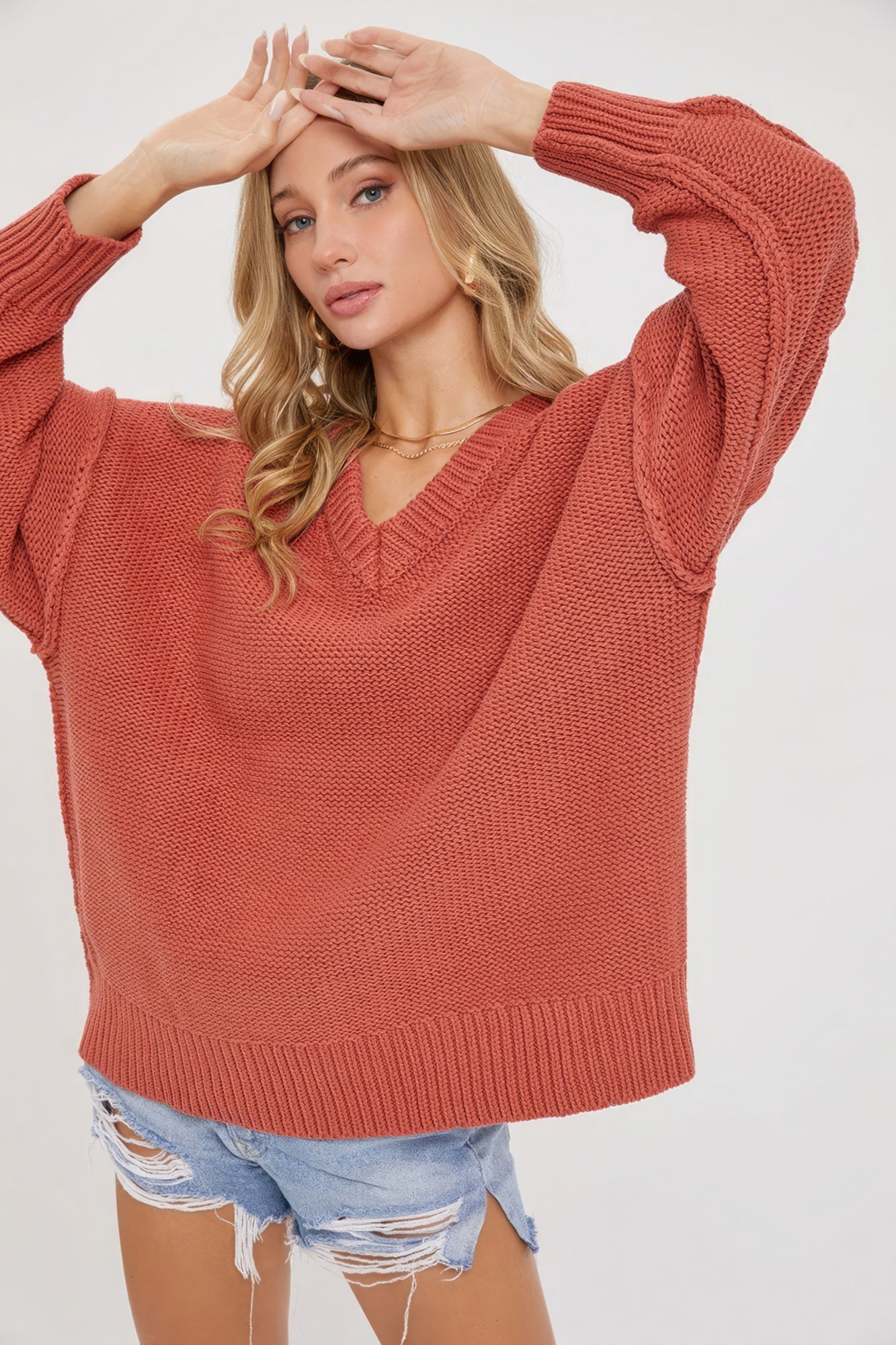 Marsala V Neck Oversized Sweater - M