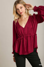 Ruffle V-Neck Babydoll Blouse -