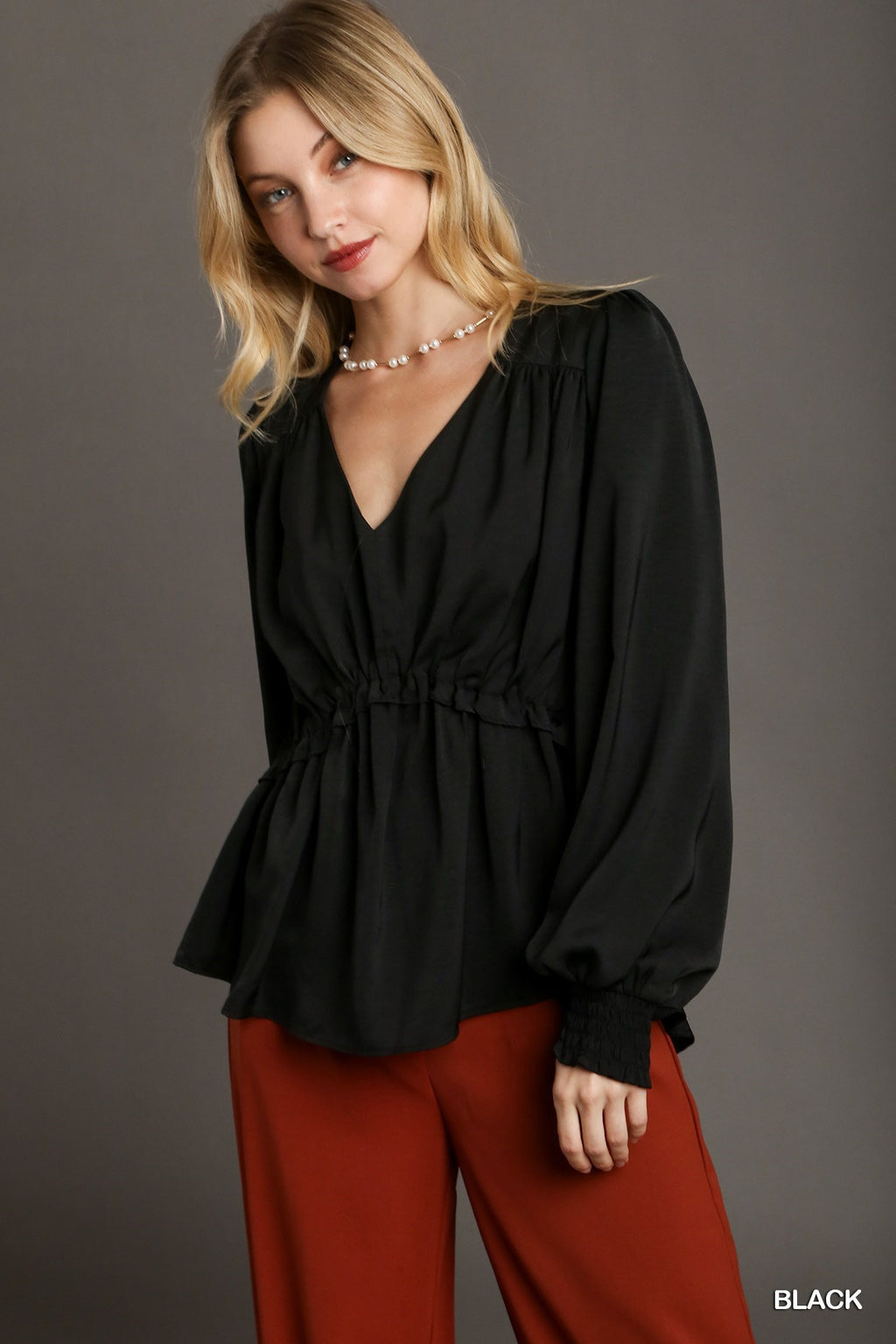 Ruffle V-Neck Babydoll Blouse - Black