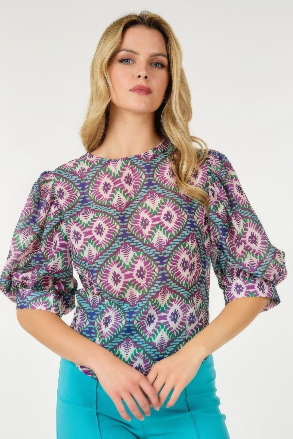 Puff Sleeve Patterned Blouse -