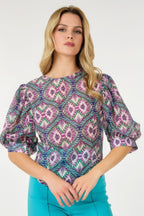 Puff Sleeve Patterned Blouse -