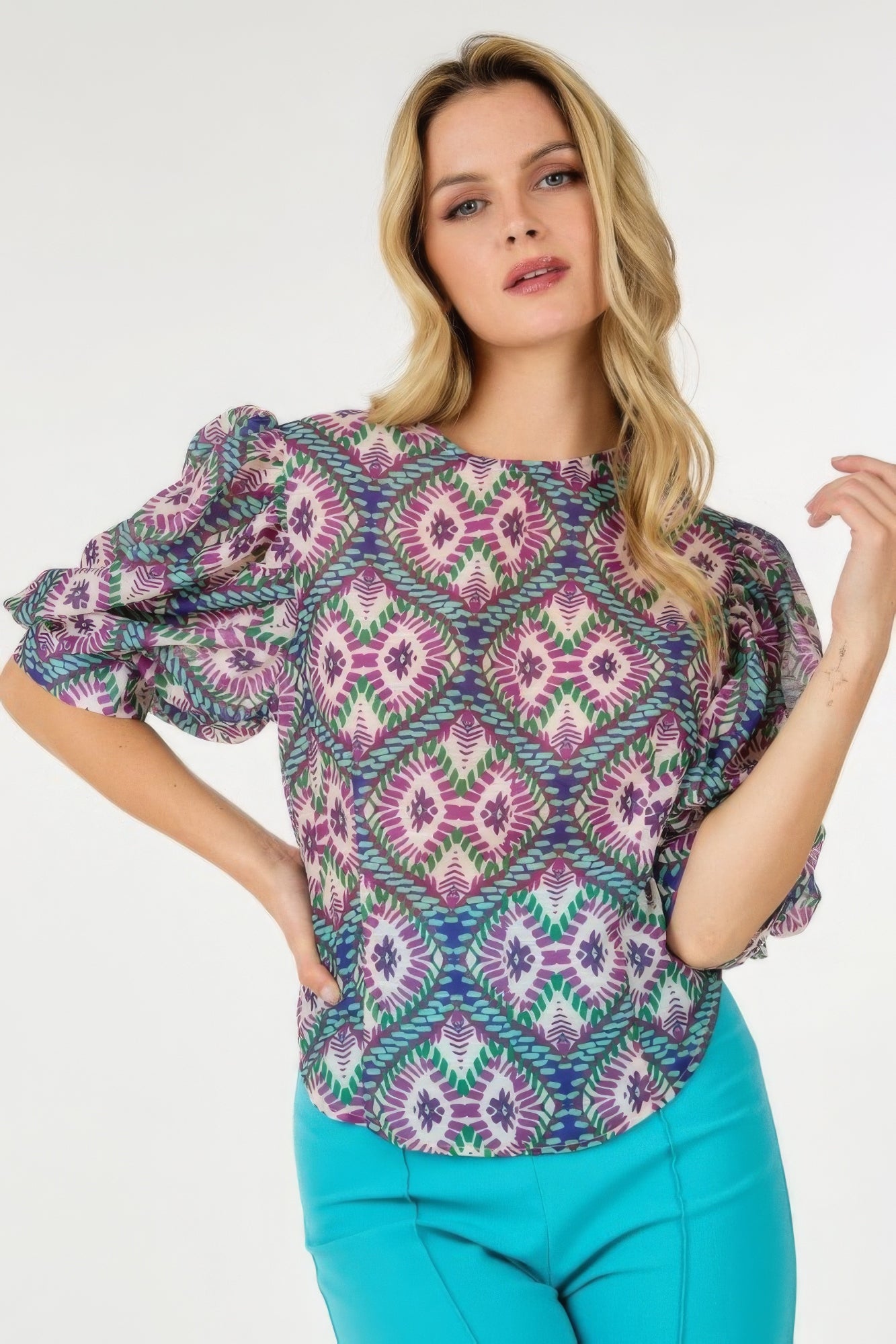 Puff Sleeve Patterned Blouse - L Main image