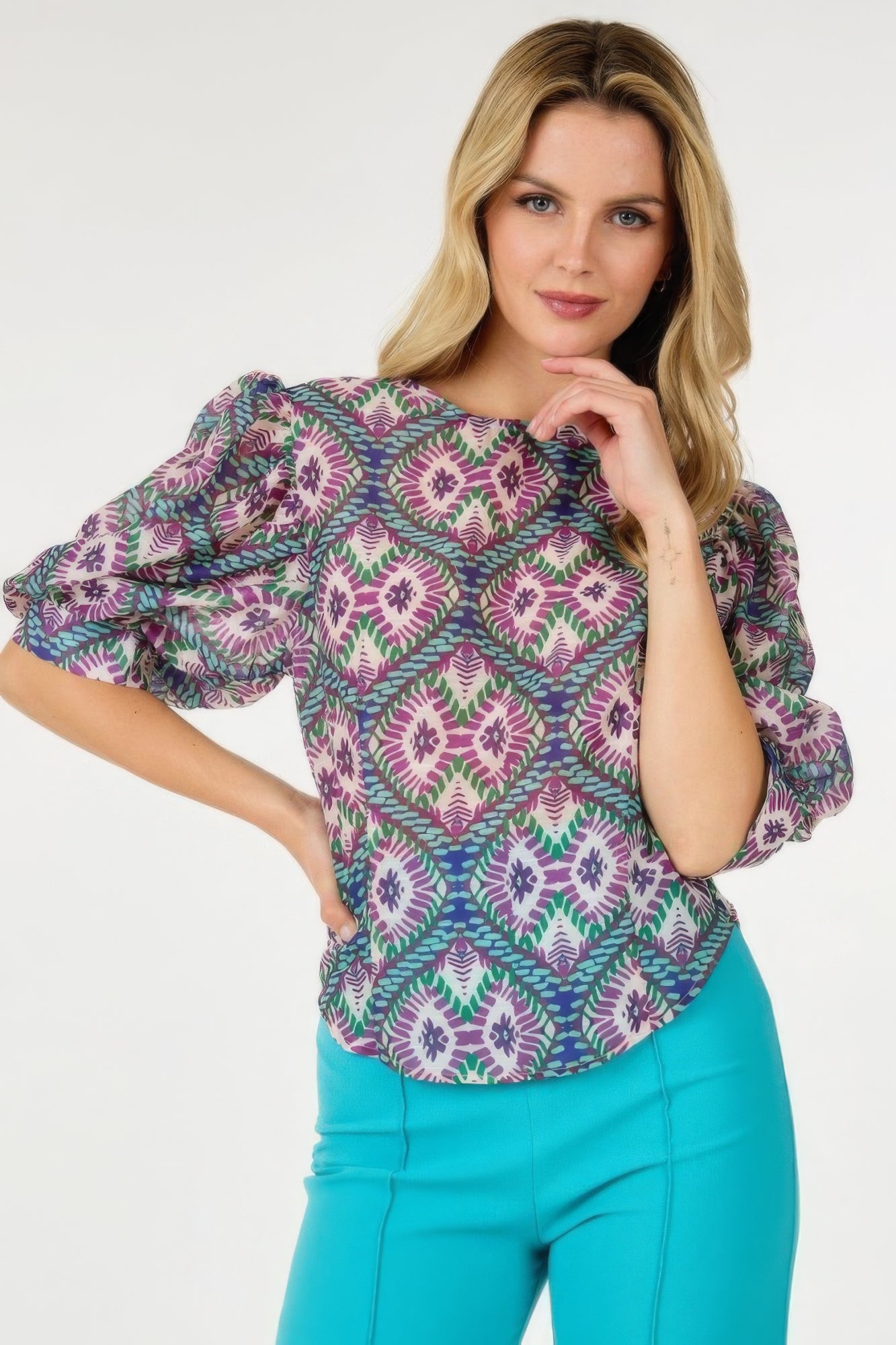 Puff Sleeve Patterned Blouse -