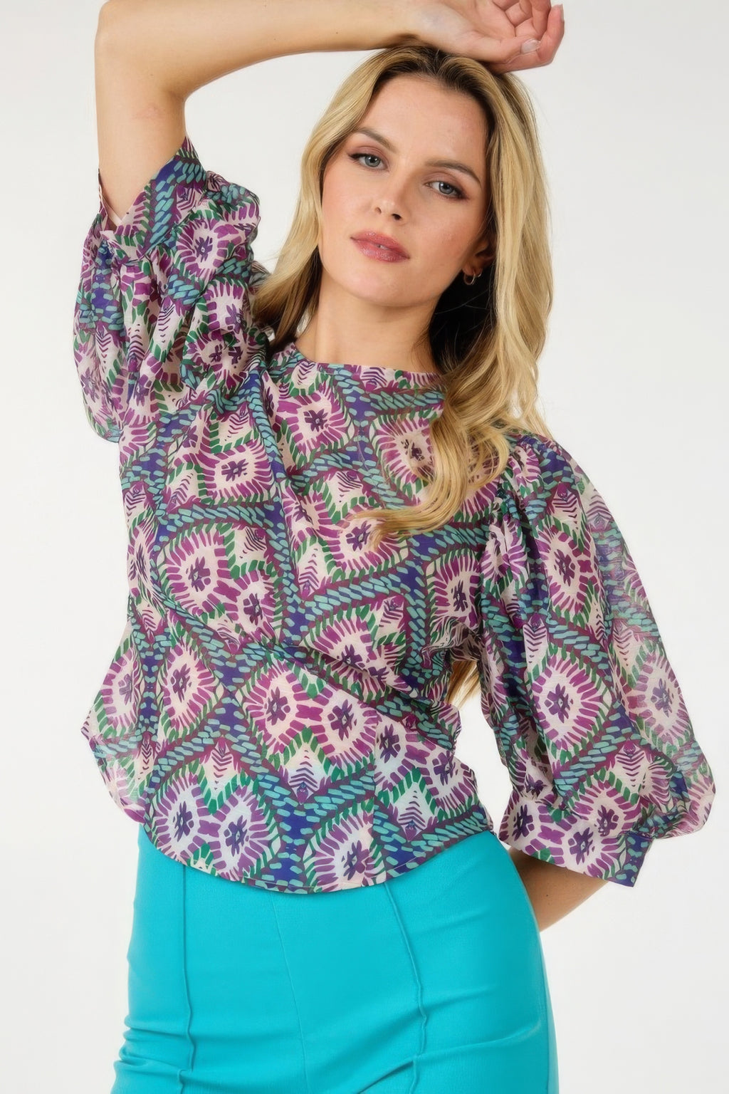 Puff Sleeve Patterned Blouse -