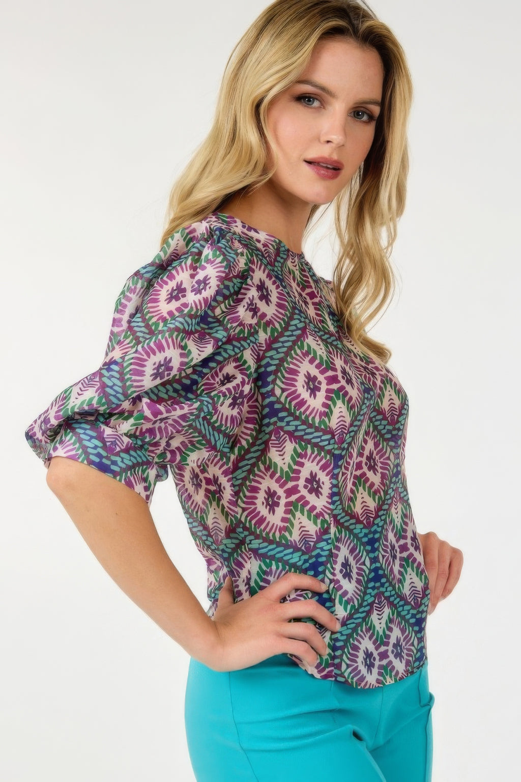 Puff Sleeve Patterned Blouse -