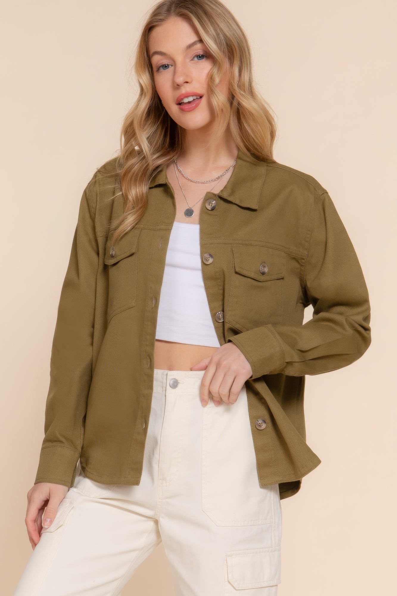 Cotton Button Front Denim Shacket - L