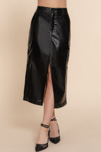 Faux Leather Cargo Midi Skirt -
