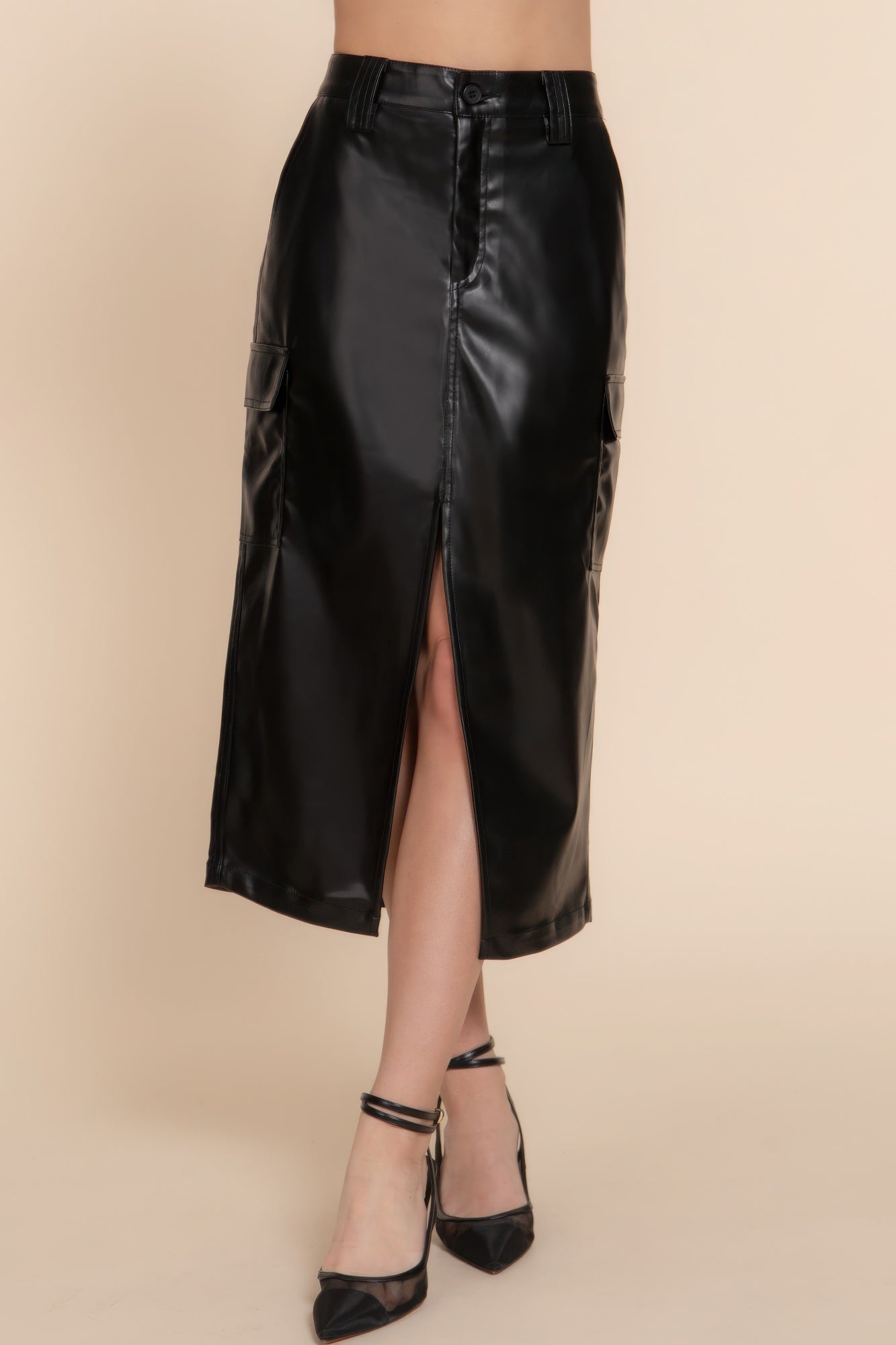 Faux Leather Cargo Midi Skirt -