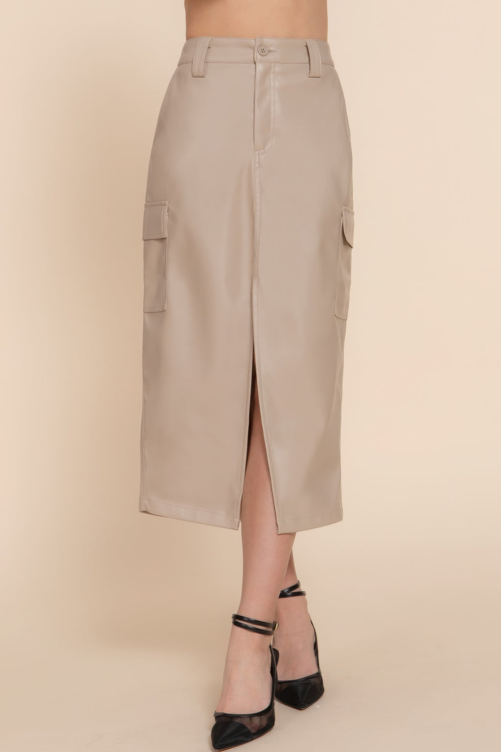 Faux Leather Cargo Midi Skirt -