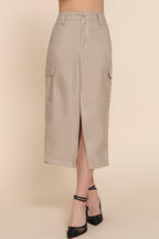 Faux Leather Cargo Midi Skirt -