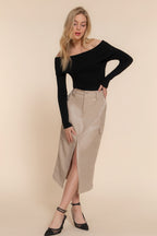 Faux Leather Cargo Midi Skirt - Dark Beige
