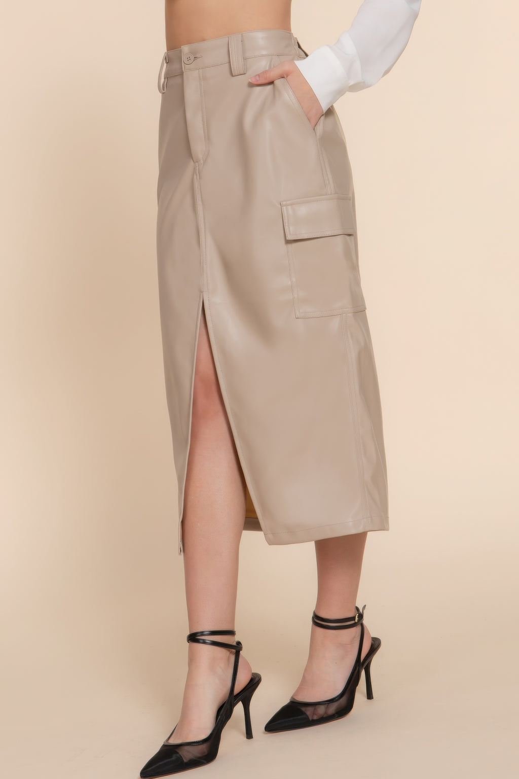 Faux Leather Cargo Midi Skirt -