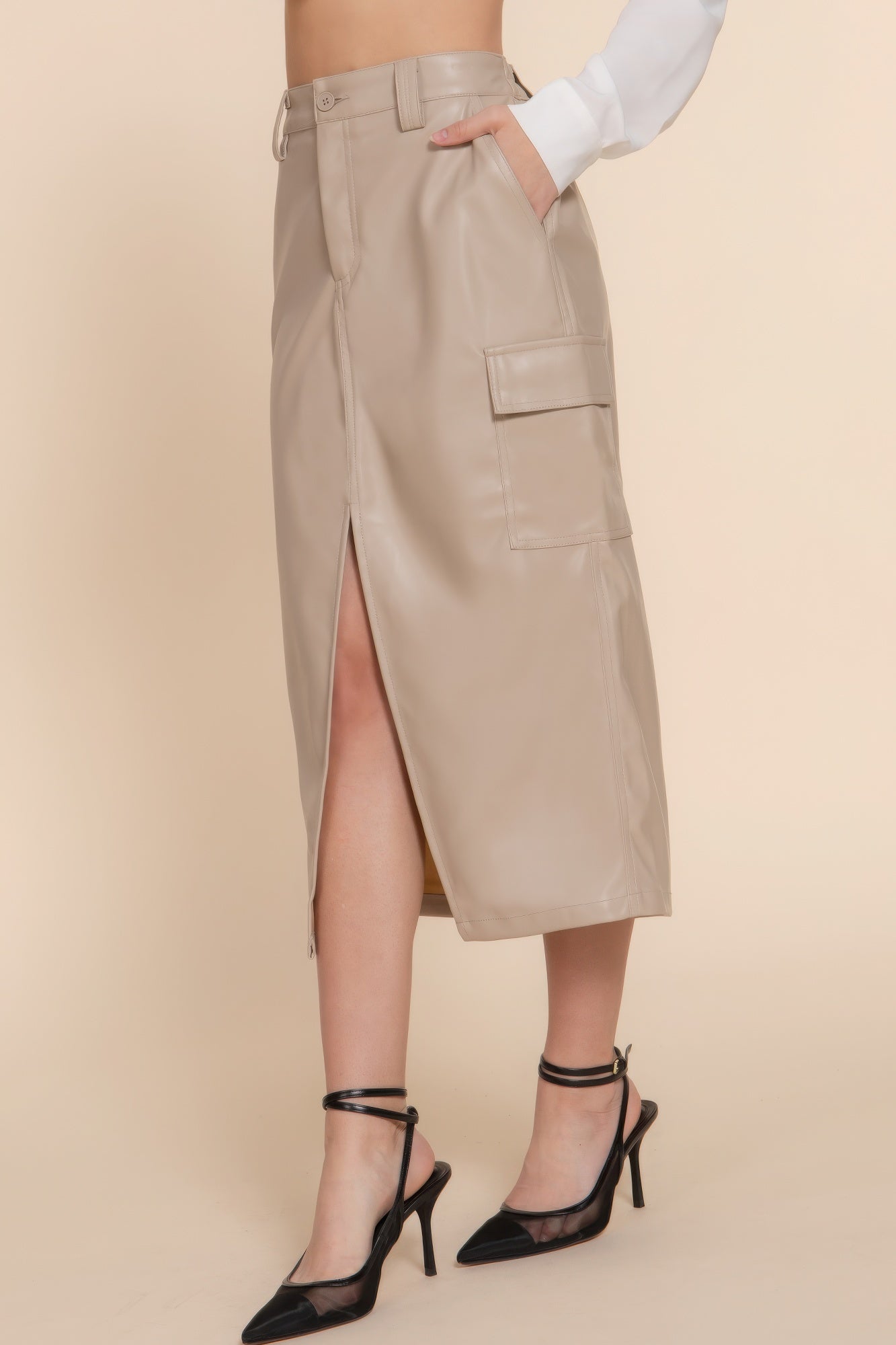 Faux Leather Cargo Midi Skirt -