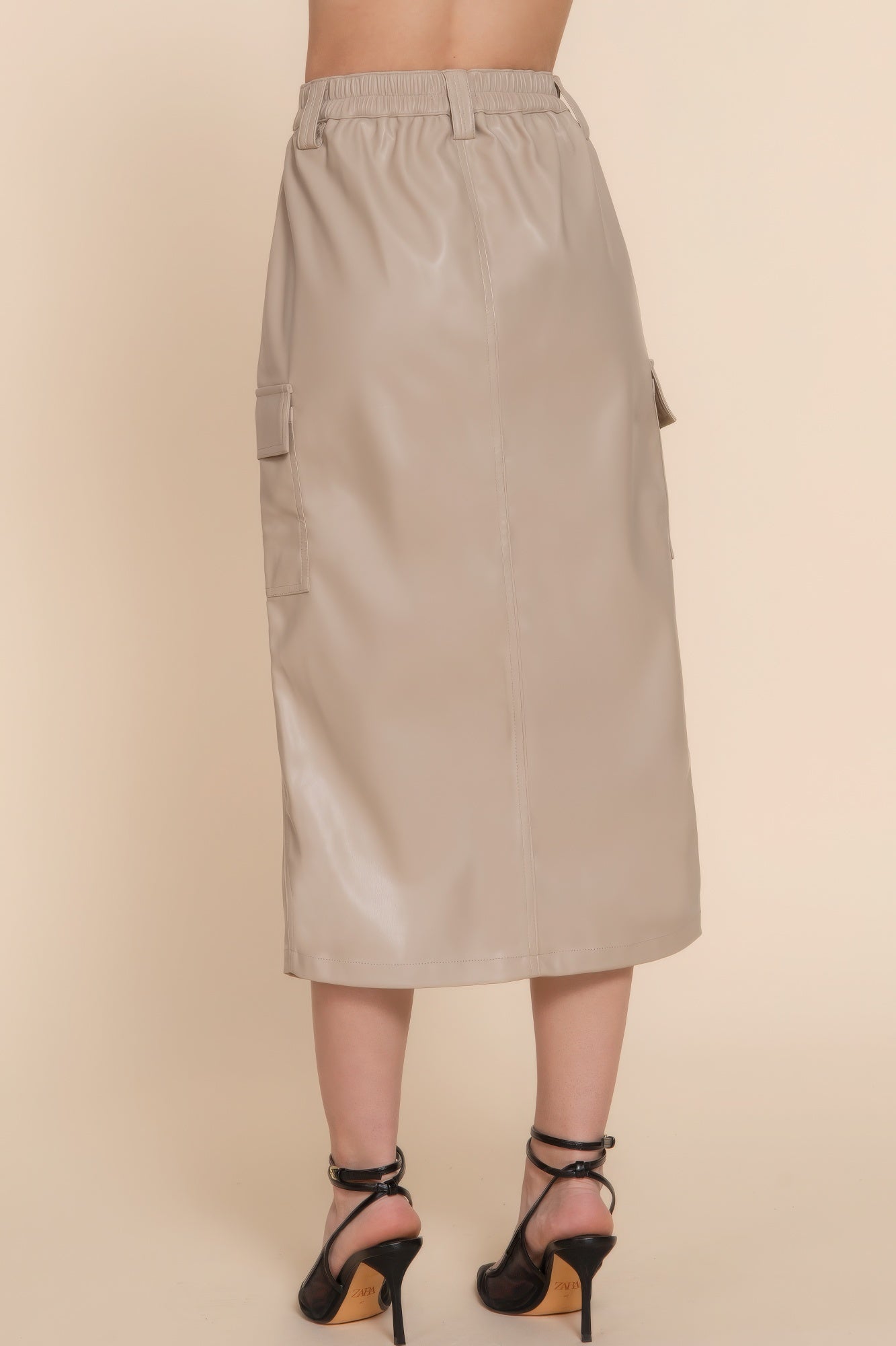 Faux Leather Cargo Midi Skirt -