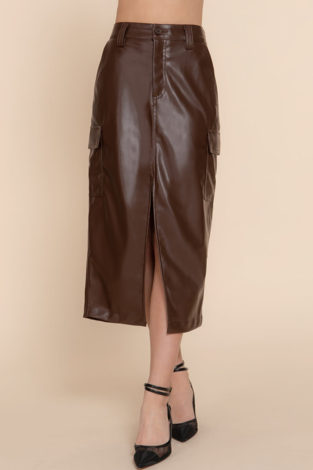 Faux Leather Cargo Midi Skirt -