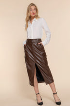Faux Leather Cargo Midi Skirt - Rich Brown