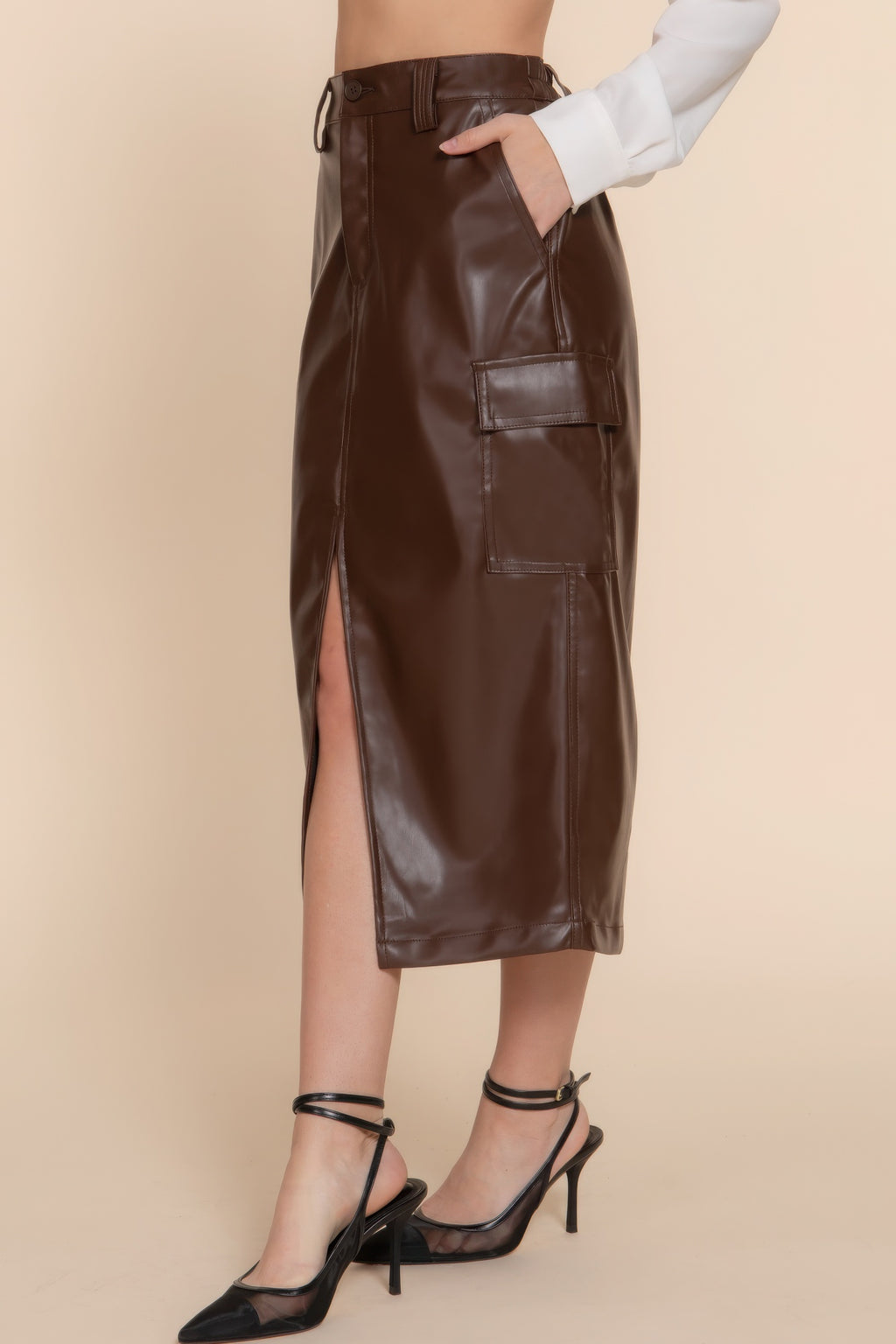 Faux Leather Cargo Midi Skirt -