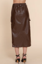 Faux Leather Cargo Midi Skirt -