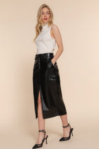 Faux Leather Cargo Midi Skirt - Black