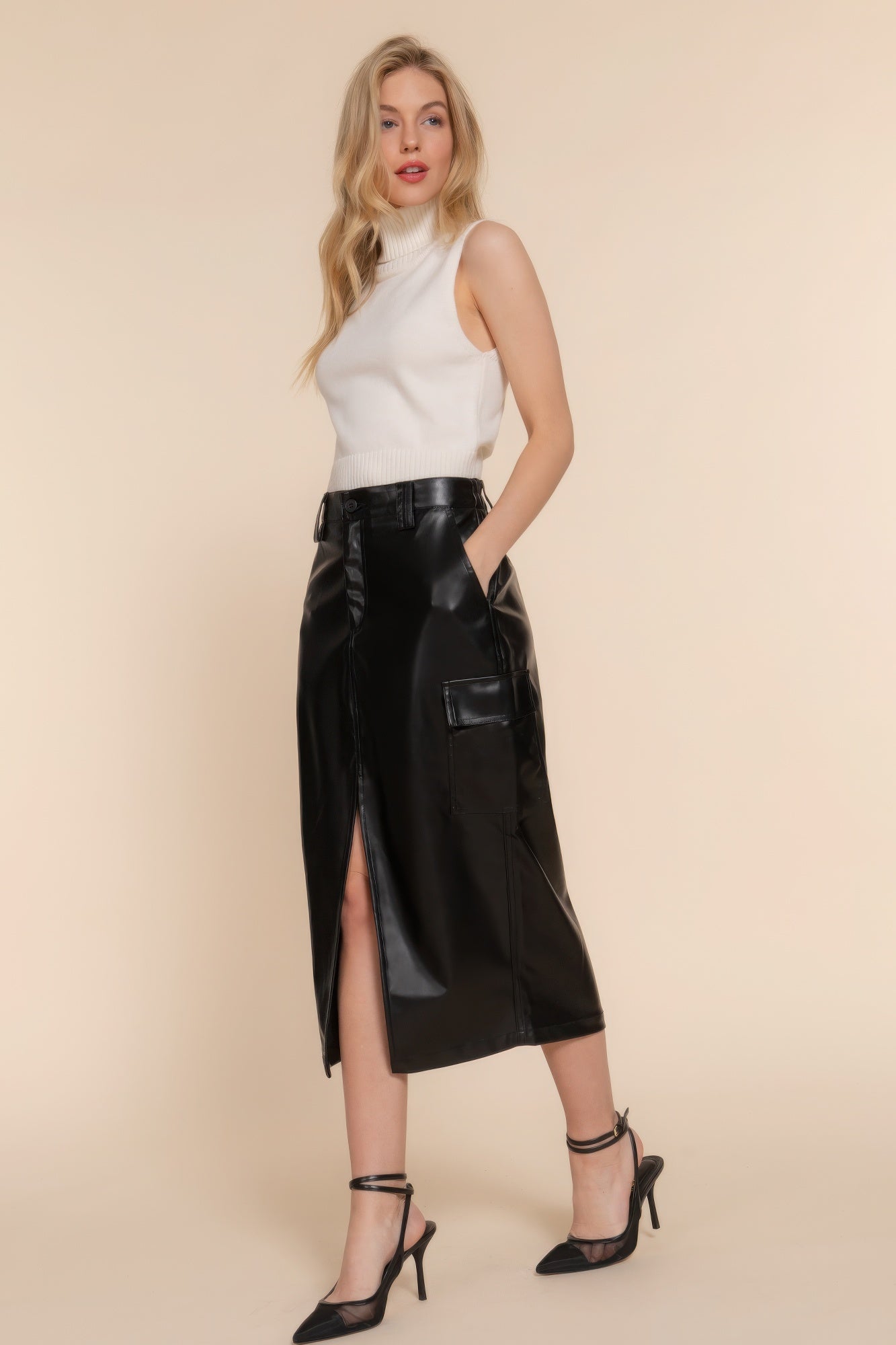 Faux Leather Cargo Midi Skirt - Black