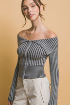 Ribbed Zip Bardot Knit Shirt -