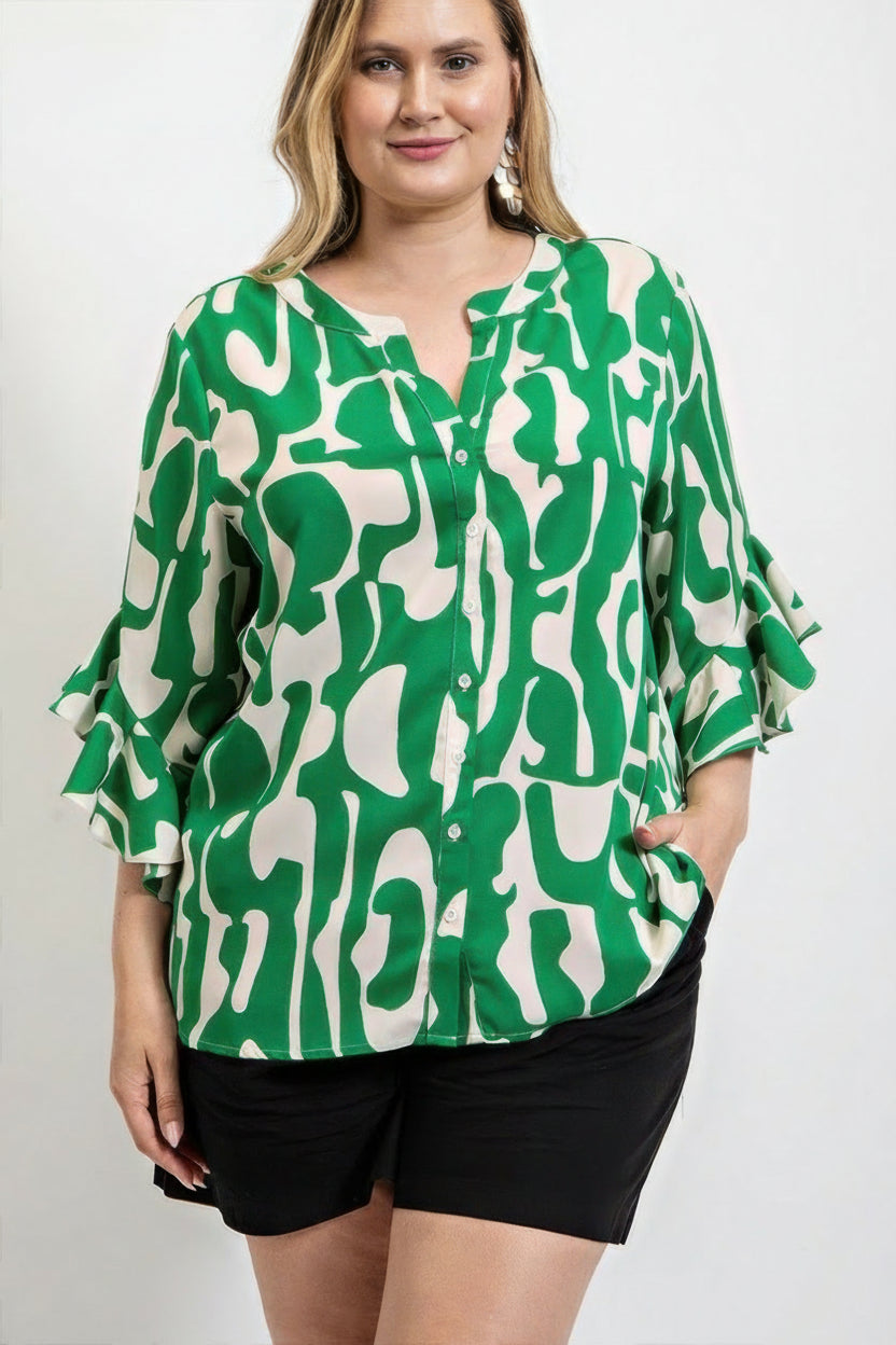 Geometric Ruffle Sleeve Blouse - 2XL
