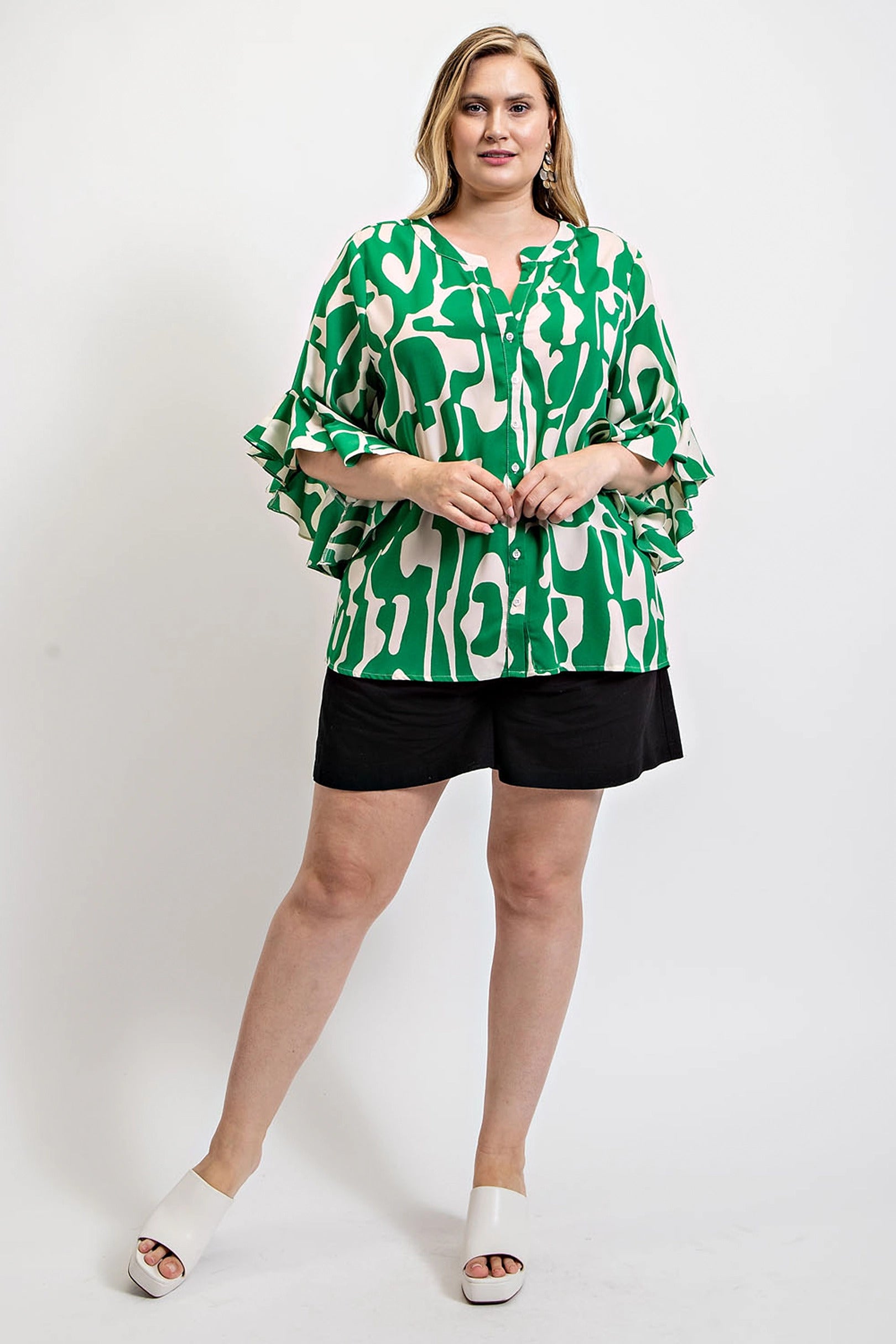 Geometric Ruffle Sleeve Blouse -